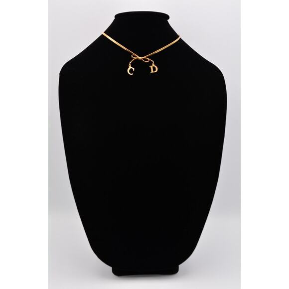 Christian Dior Vintage Logo CD Bow Necklace Collar Charm Gold Chain Signed Bin5 - Picture 3 of 12